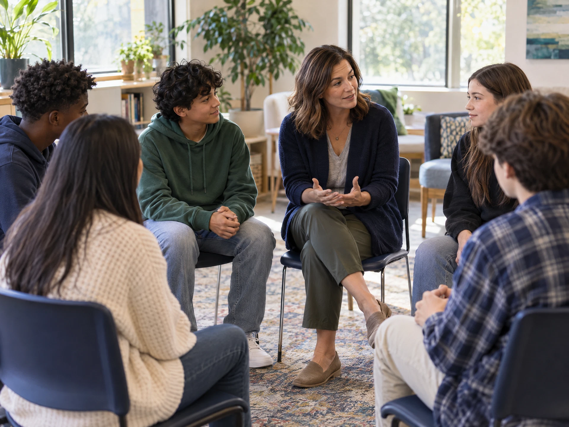 A counselor facilitating a supportive conversation with teenagers and a caregiver
