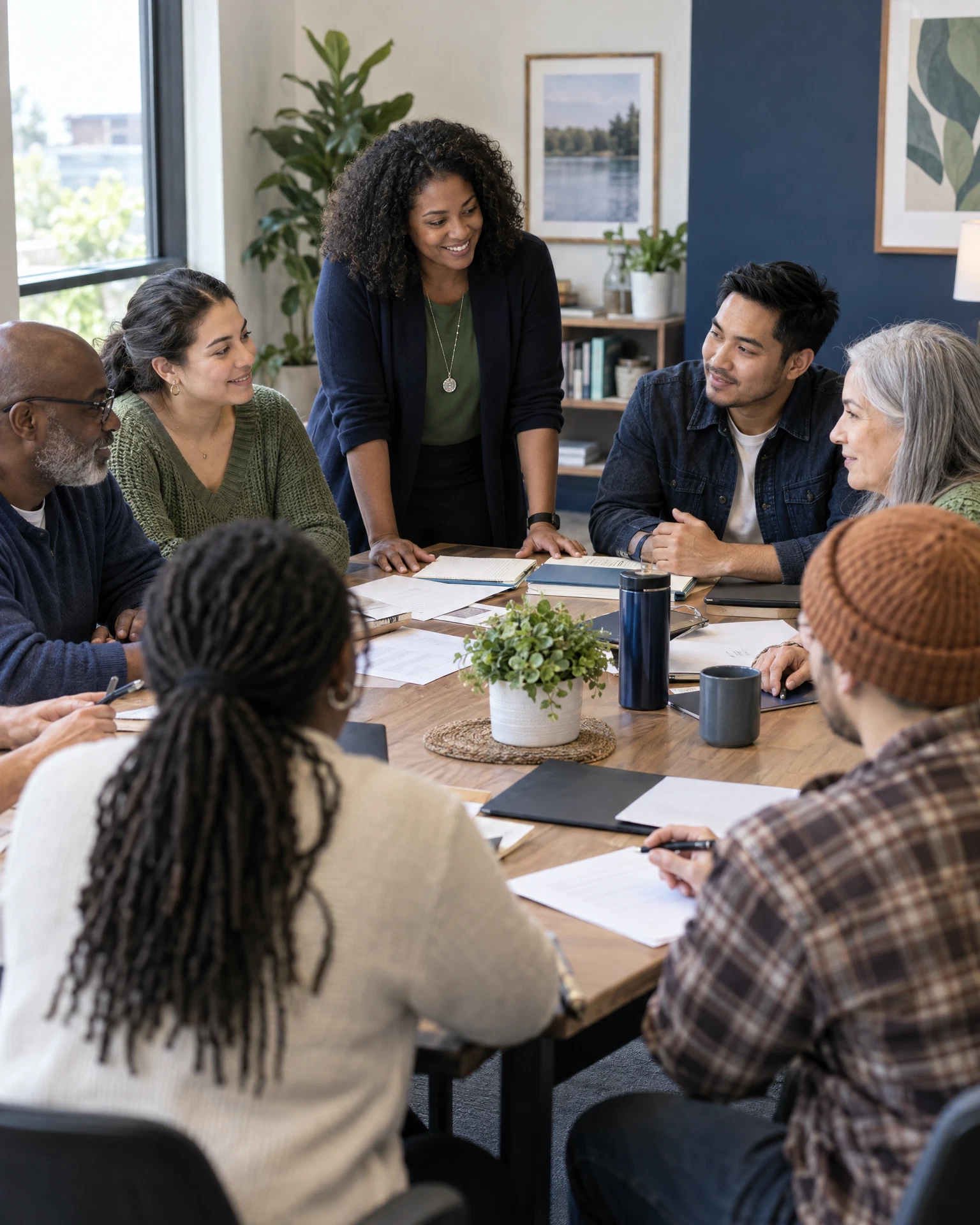A diverse community group working with a facilitator on practical support resources